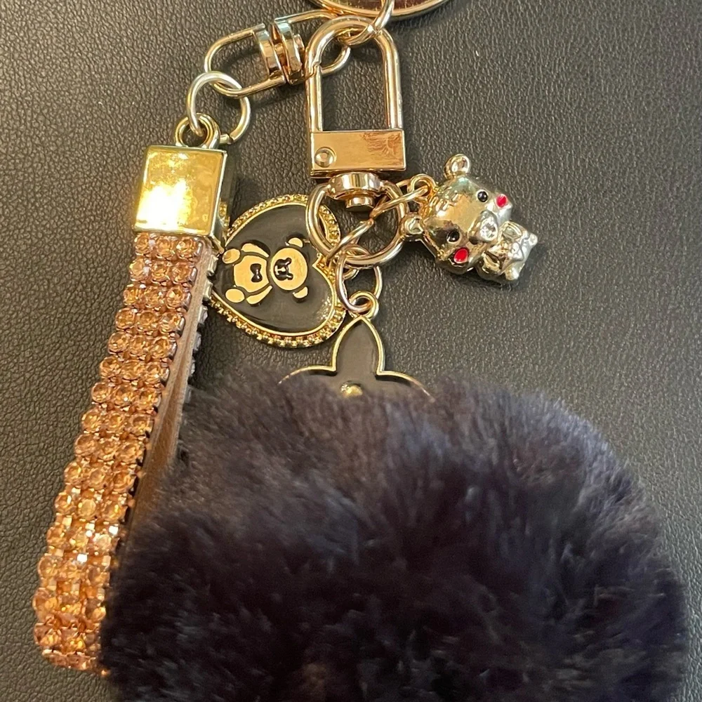 Gold and Black Pom Pom Keychain With 3 Charms – New